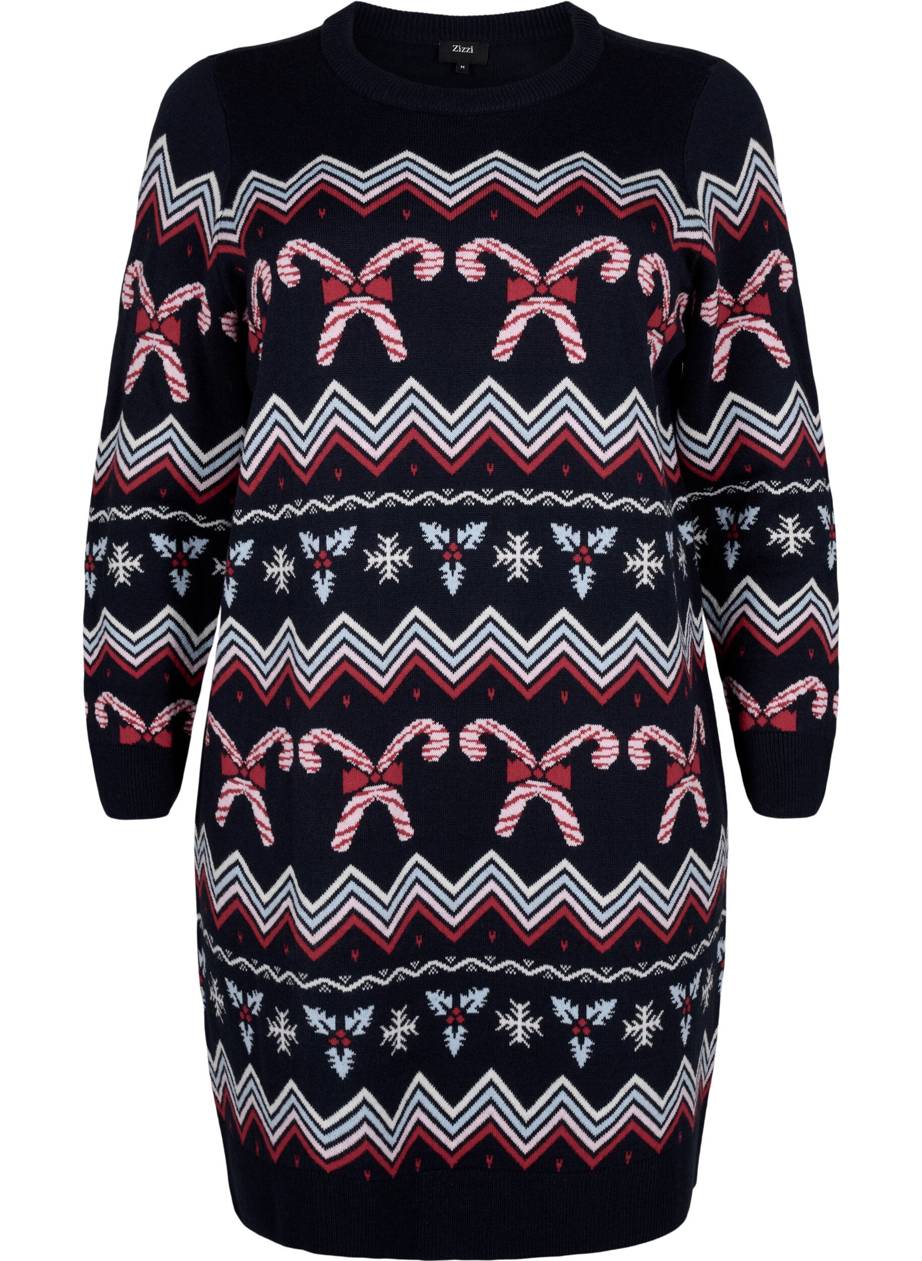 Zizzi Langermet strikkekjole med julemotiv, Navy Blazer Comb, Packshot image number 0