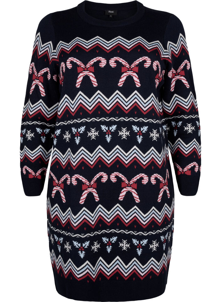 Langermet strikkekjole med julemotiv, Navy Blazer Comb, Packshot image number 0