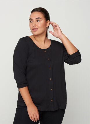 Bluse med 7/8-ermer og knapper, Black, Model image number 0