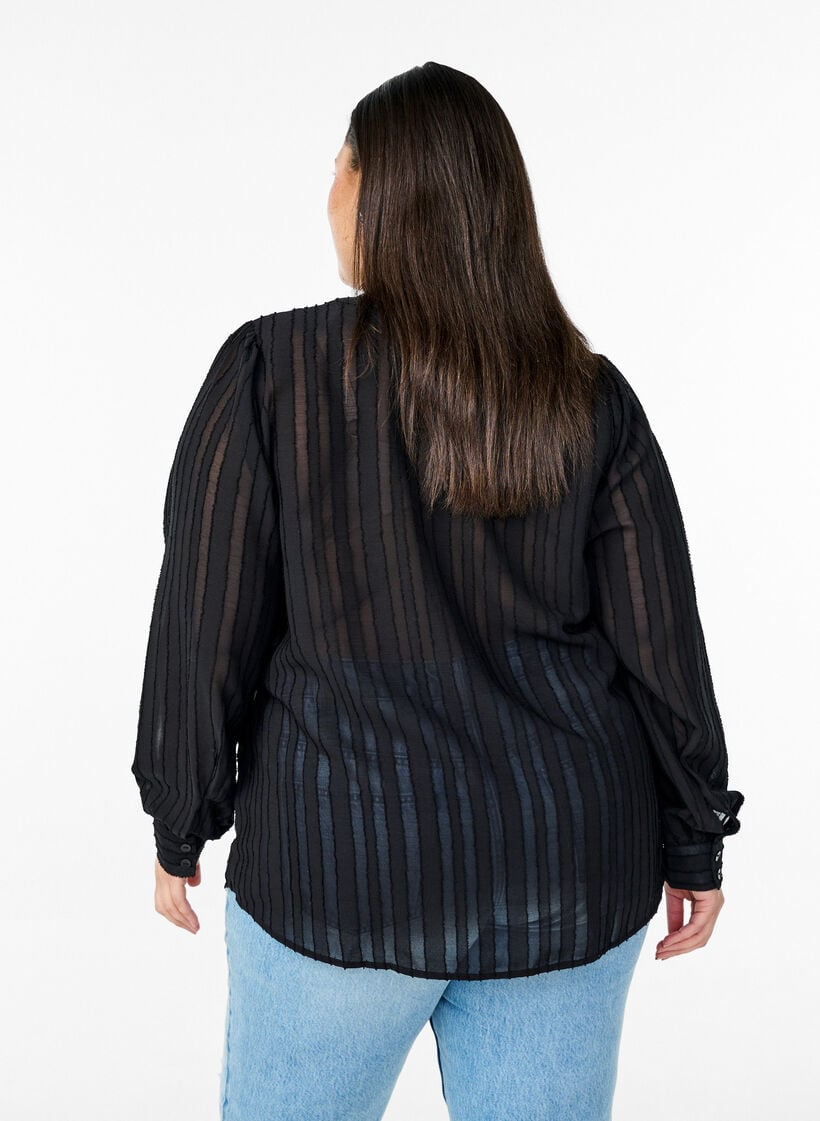 Stripete skjortebluse med gjennomsiktige striper, Svart, Model image number 2