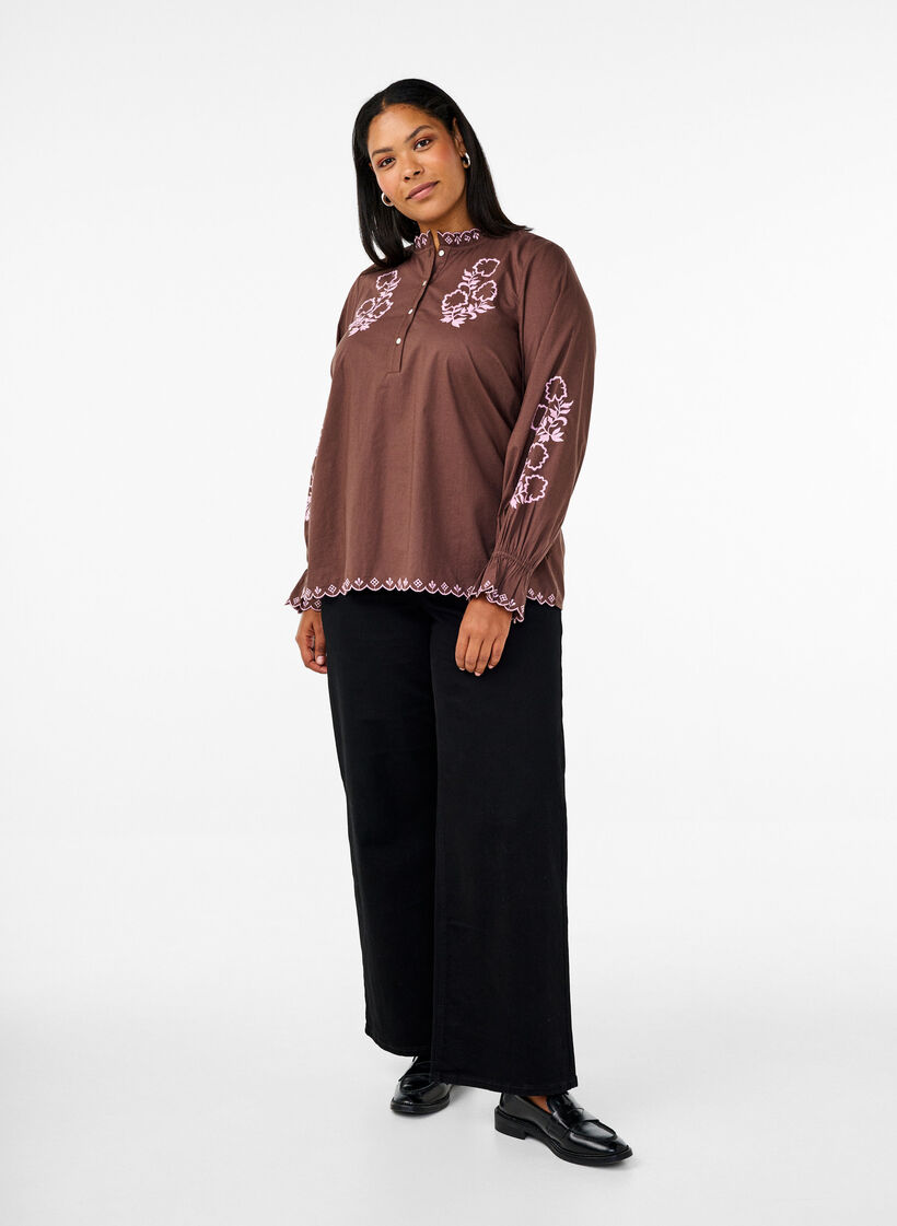 Bluse med broderi og volangdetaljer, Brun, Model image number 1