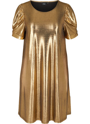 Kjole med korte puffermer og a-form, Gold, Packshot image number 0
