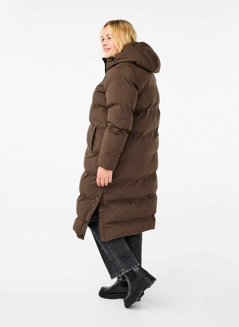 Lang vinterkåpe med hette, Brun, Model image number 2