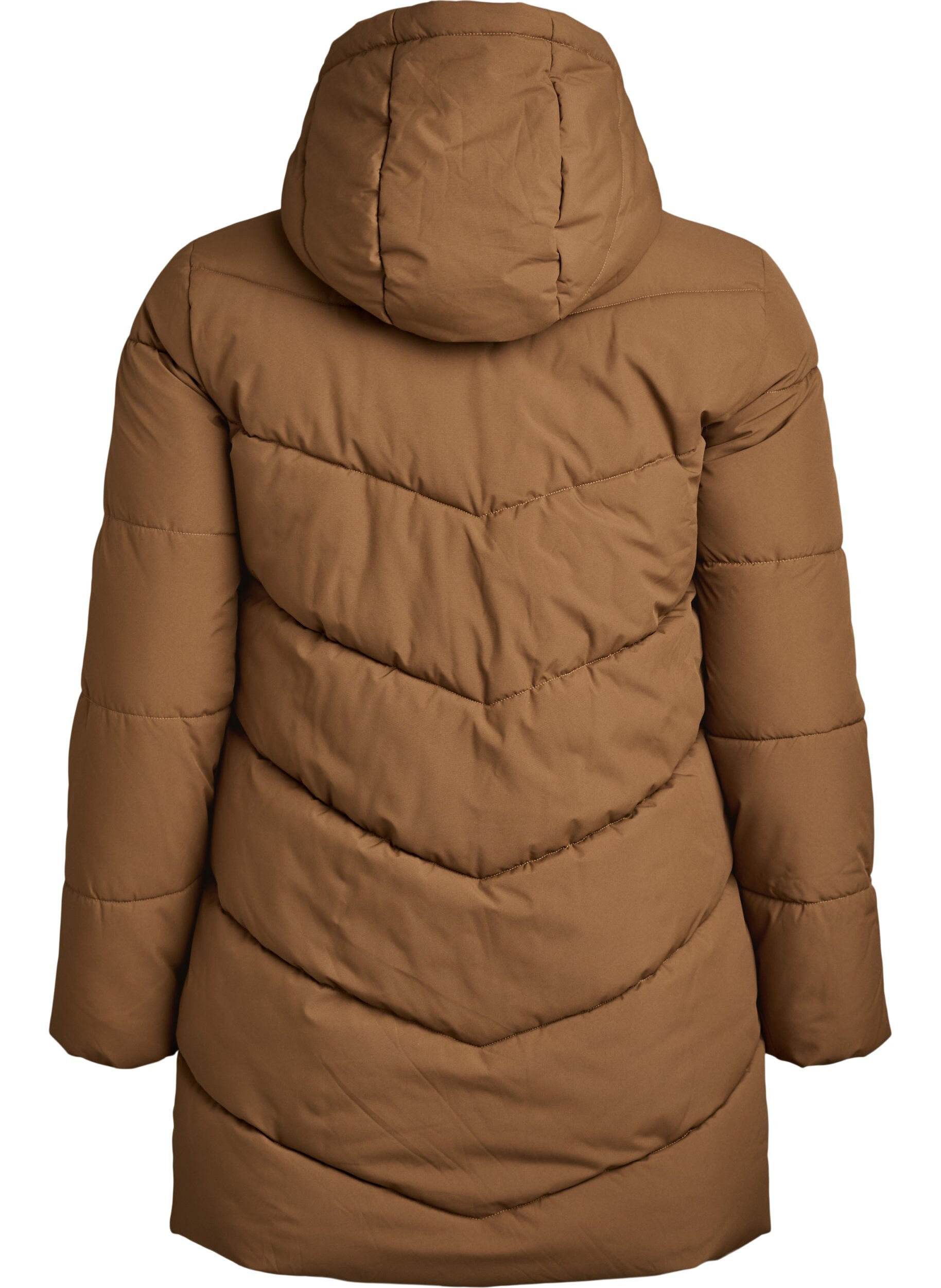 ZizziMellomlang pufferjakke med hette, Brun, Packshot image number 1