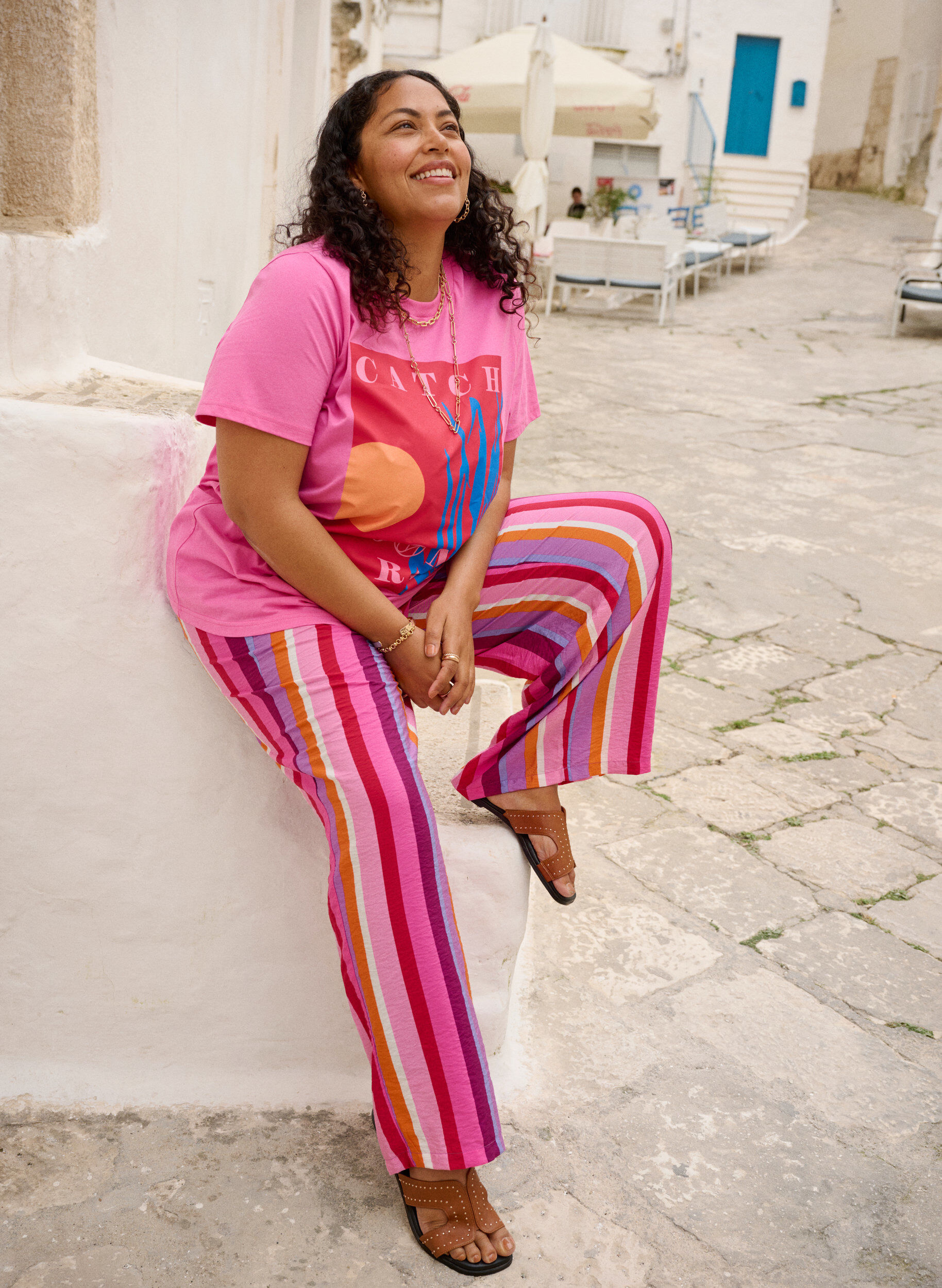 Zizzi Bukse i viskose med striper og ledig passform, Rosa, Image image number 0