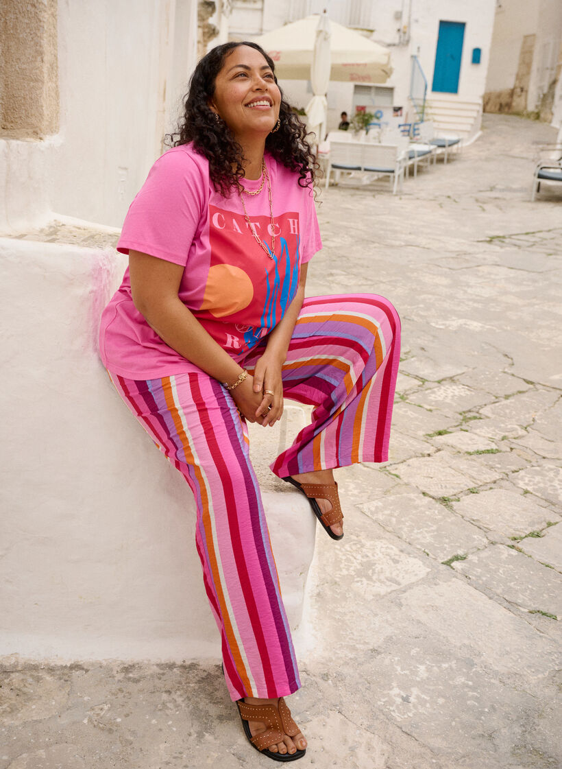 Bukse i viskose med striper og ledig passform, Rosa, Image image number 0