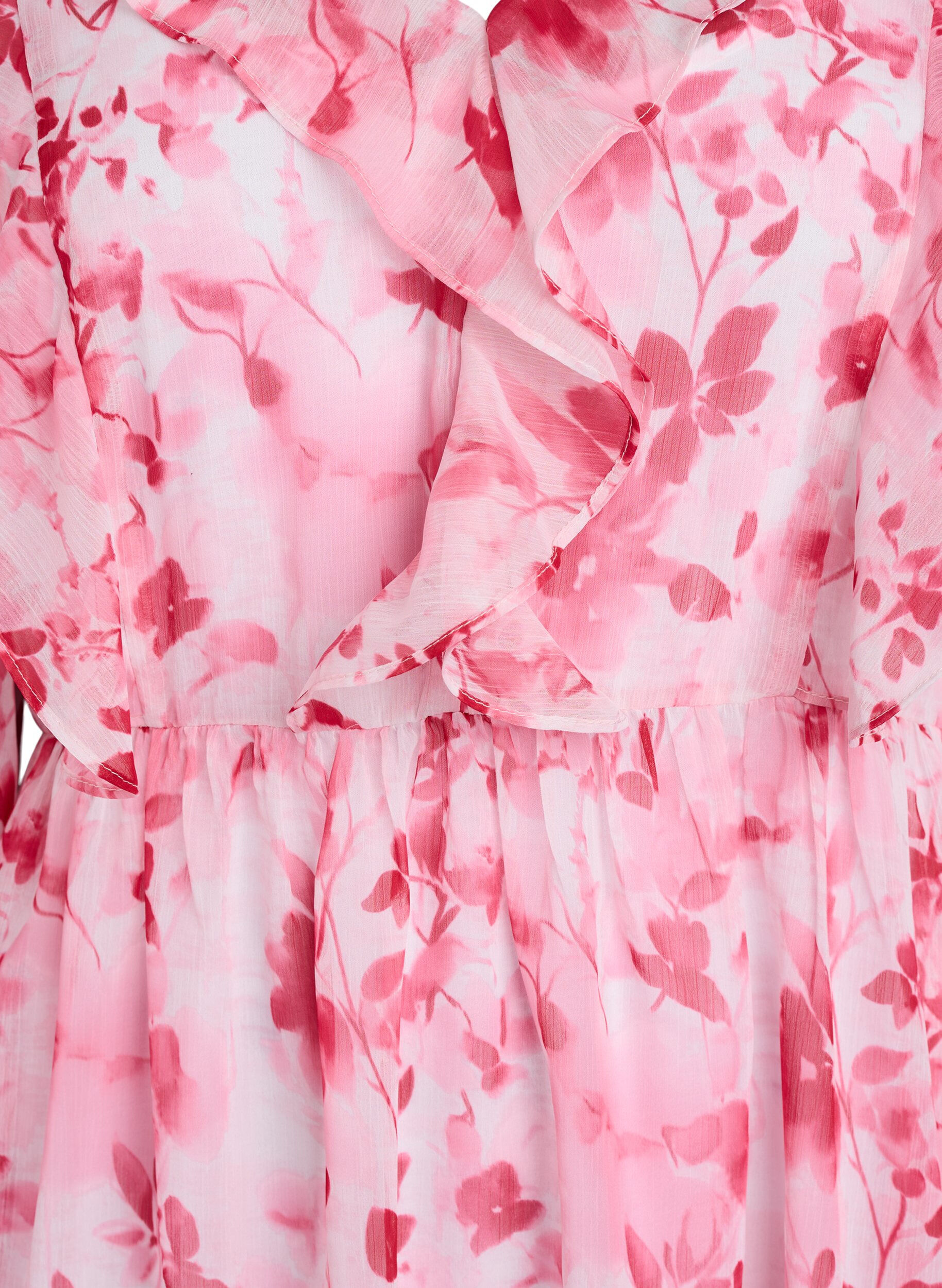 ZizziChiffonkjole med blomsterprint, volanger og lange ermer, Rosa, Packshot image number 2