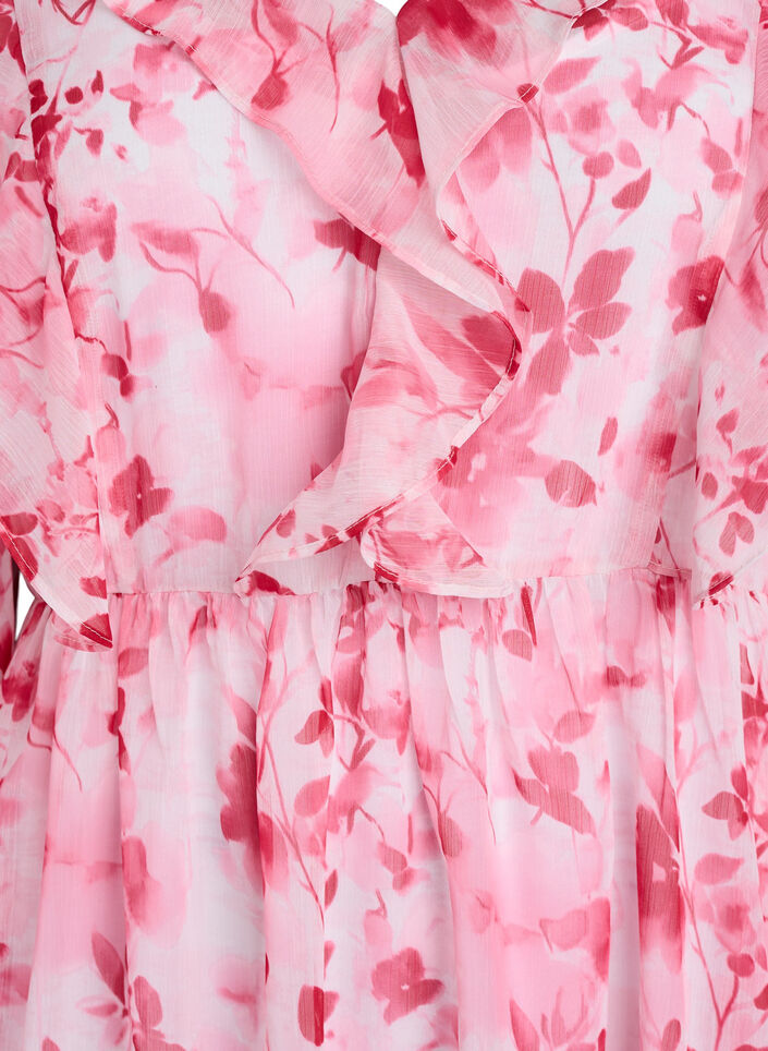 Chiffonkjole med blomsterprint, volanger og lange ermer, Rosa, Packshot image number 2