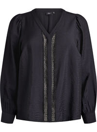 Bluse med V-hals og broderte bånd, Svart Bluse med V-hals og broderte bånd