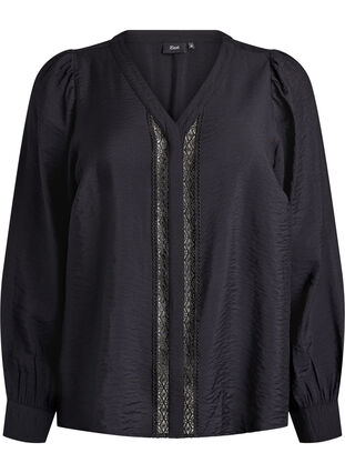 Zizzi Bluse med V-hals og broderte bånd, Svart, Packshot image number 0