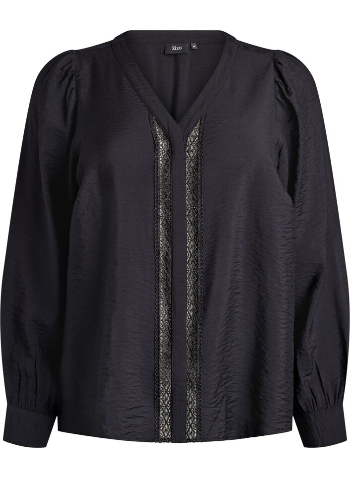 Bluse med V-hals og broderte bånd, Svart, Packshot image number 0