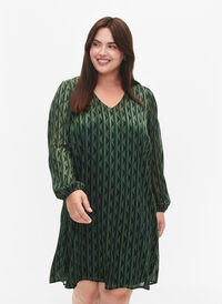 Langarmet kjole med V-hals og trykk, Scarab AOP, Model