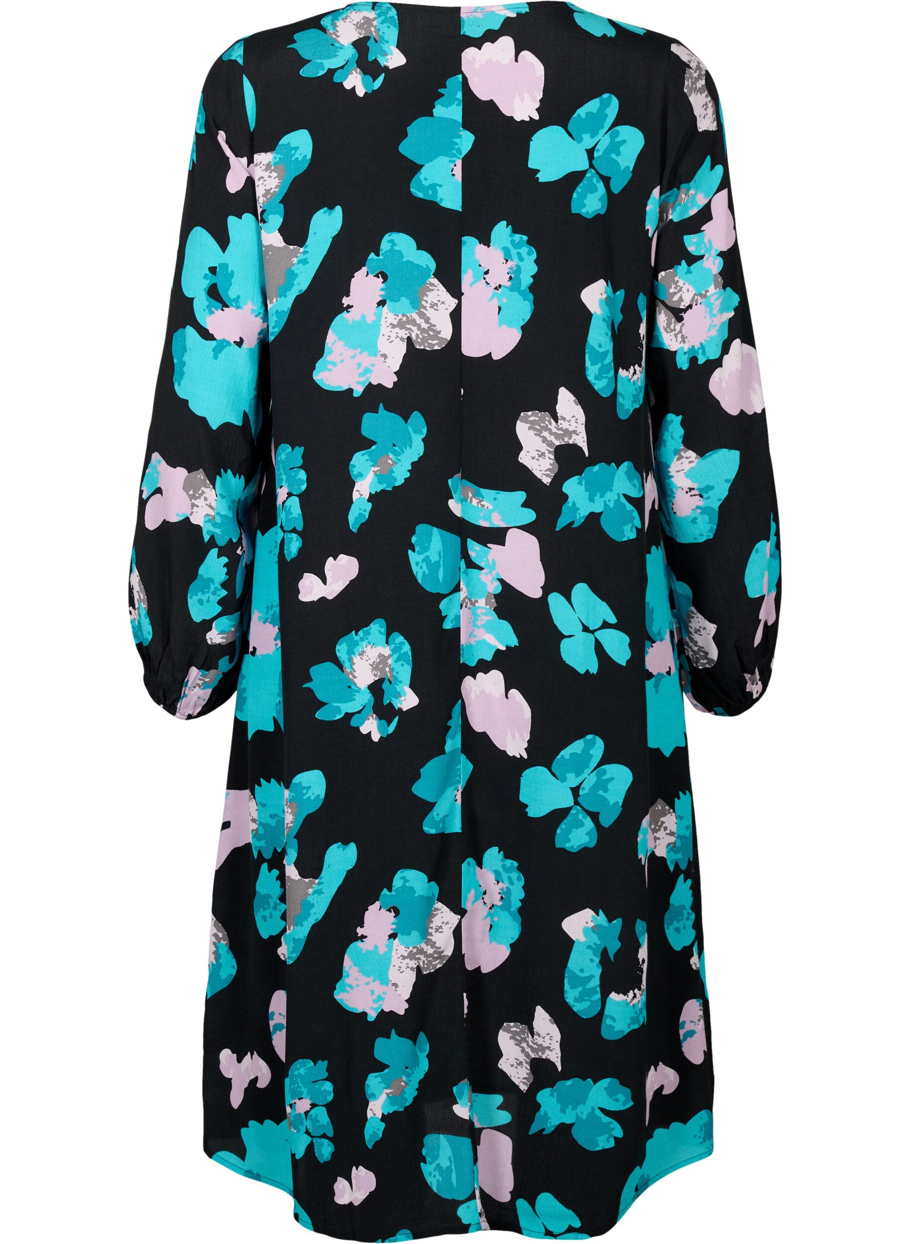 Zizzi Langermet viskose kjole med print, Blue AOP, Packshot image number 1