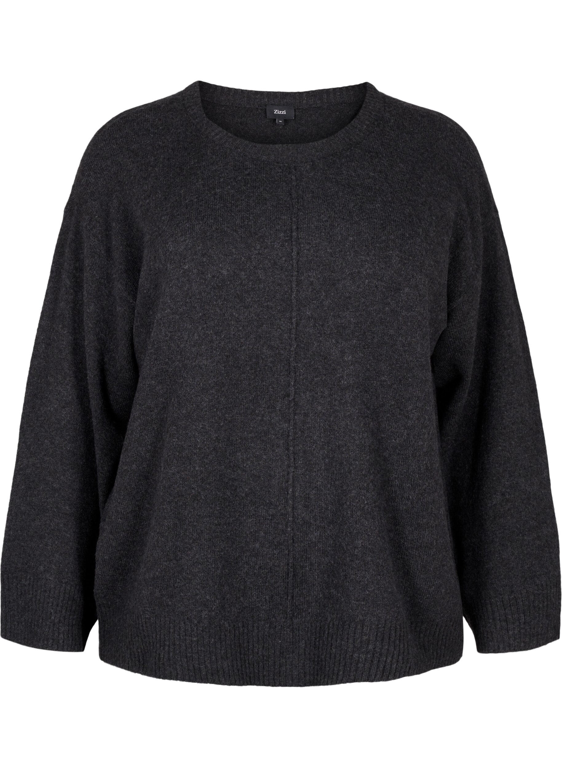 Zizzi Strikket bluse med rund hals og midts&oslash;m, Dark Grey Melange, Packshot image number 0