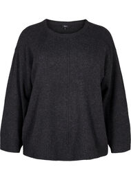 Strikket bluse med rund hals og midtsøm, Dark Grey Melange