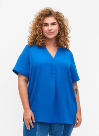 Kortermet bluse med V-hals, Victoria blue, Model