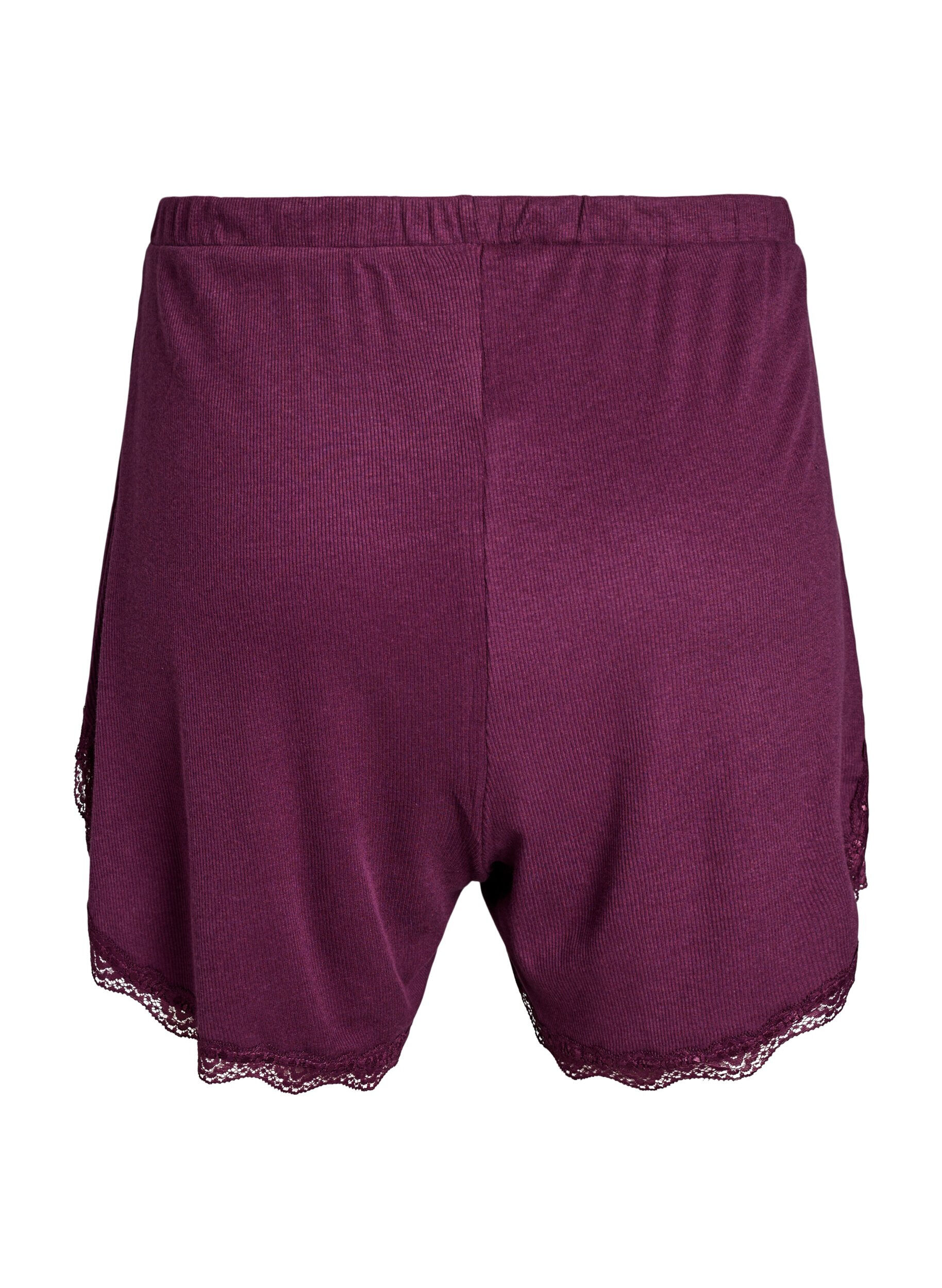 ZizziL&oslash;se nattshorts med ribbestruktur og blonderkant, M&oslash;rk Bordeaux, Packshot image number 1