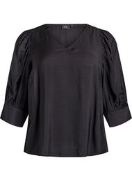 Bluse med V-hals og 3/4-ermer, Svart