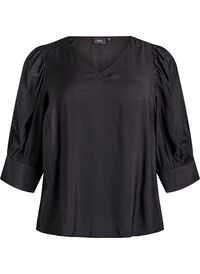 Bluse med V-hals og 3/4-ermer, Svart Bluse med V-hals og 3/4-ermer