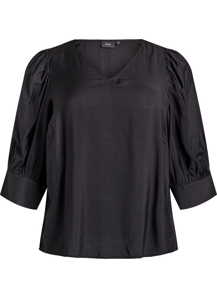 Bluse med V-hals og 3/4-ermer, Svart, Packshot image number 0