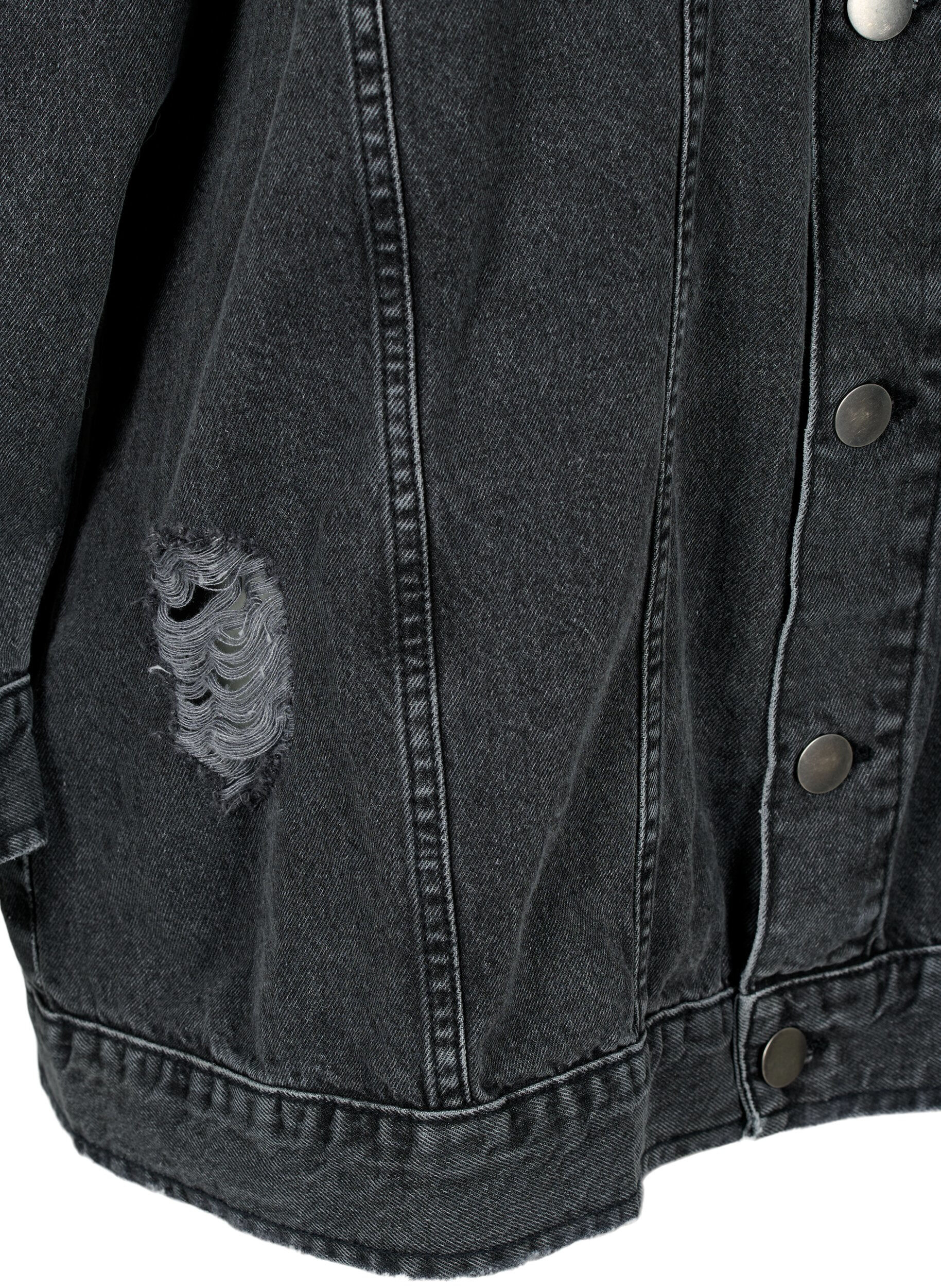 Zizzi L&oslash;s denimjakke med slitte detaljer, Dark Grey Denim, Packshot image number 3