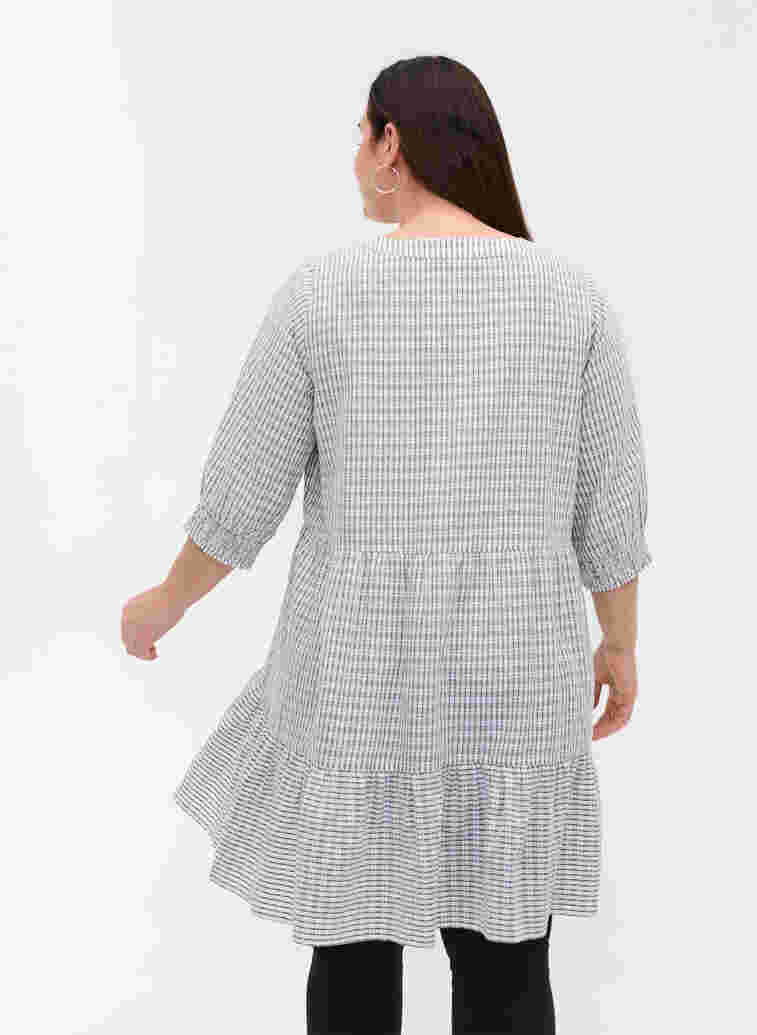 Mønstrete bomullskjole med 3/4-ermer og smock, White Check, Model image number 1