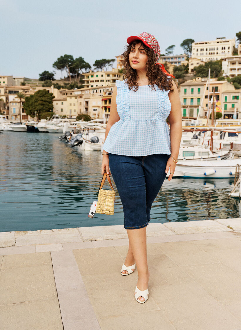 H&oslash;y midje slim fit capris i elastisk denim, Bl&aring;, Image image number 0