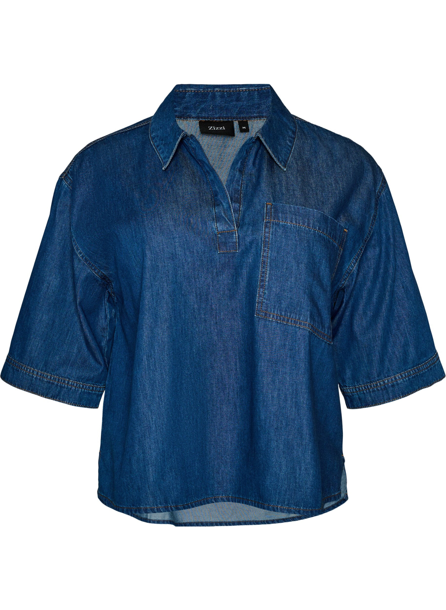 Denimbluse med brystlomme og albuelange ermer