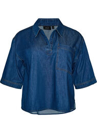 Denimbluse med brystlomme og albuelange ermer, Bl&aring;