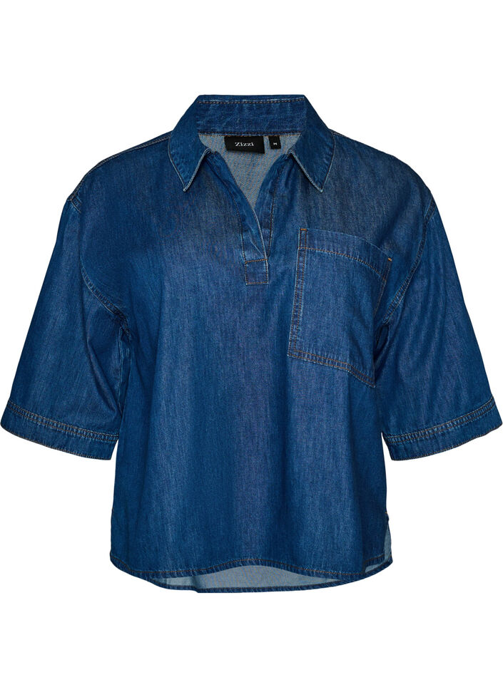 Denimbluse med brystlomme og albuelange ermer, Bl&aring;, Packshot image number 0