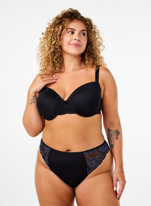 Zizzi Mikrofiber-G-string med blonder, Black w Blue, Model image number 0