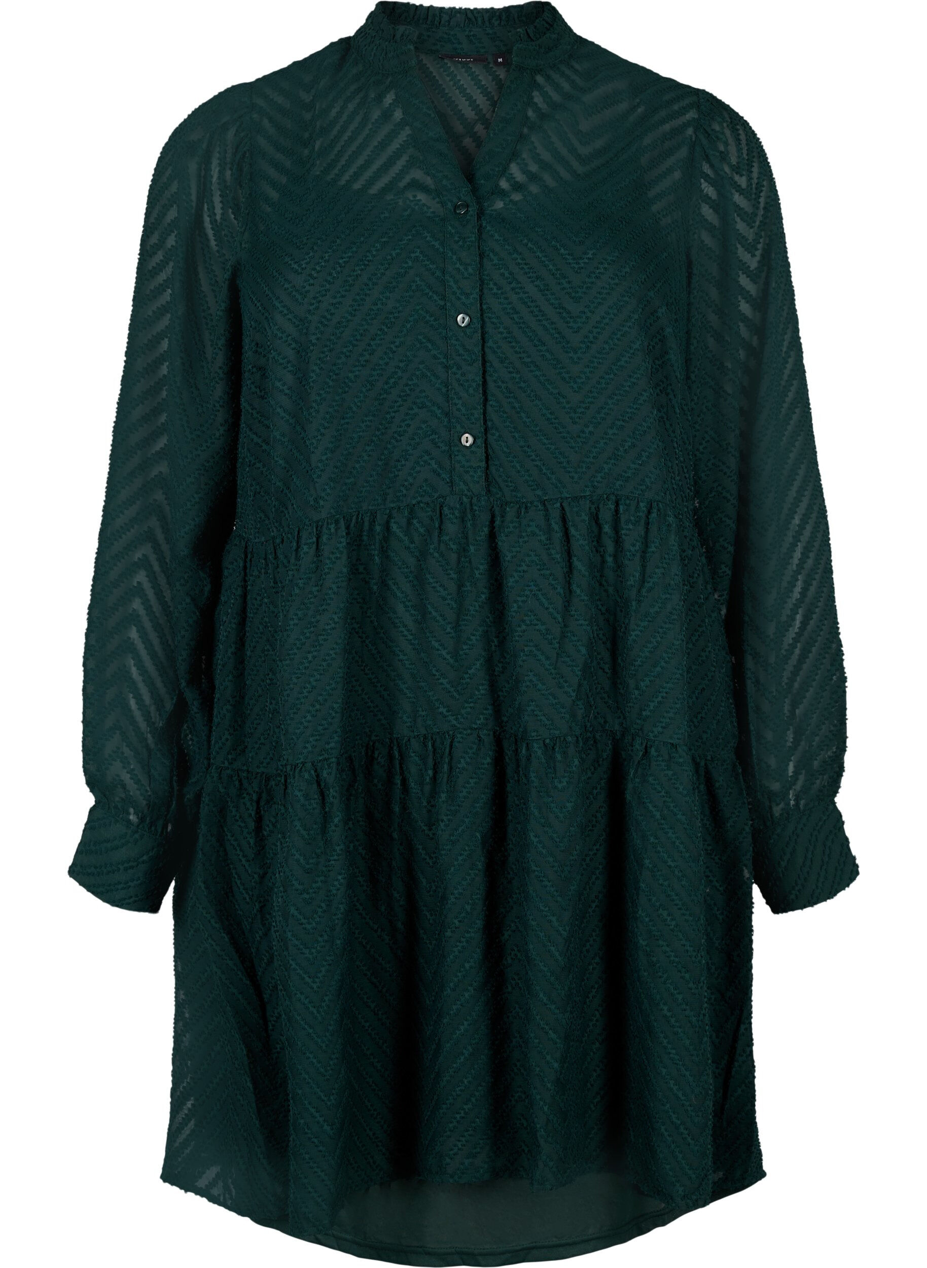 Zizzi Kort, strukturm&oslash;nstret kjole med volangkrage, Scarab, Packshot image number 0