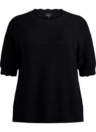 Zizzi Strikket bluse med stripet hullmønster og korte ermer, Svart, Packshot image number 0