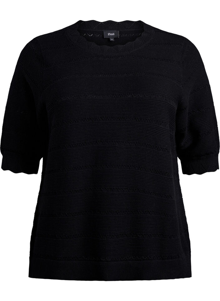 Strikket bluse med stripet hullmønster og korte ermer, Svart, Packshot image number 0