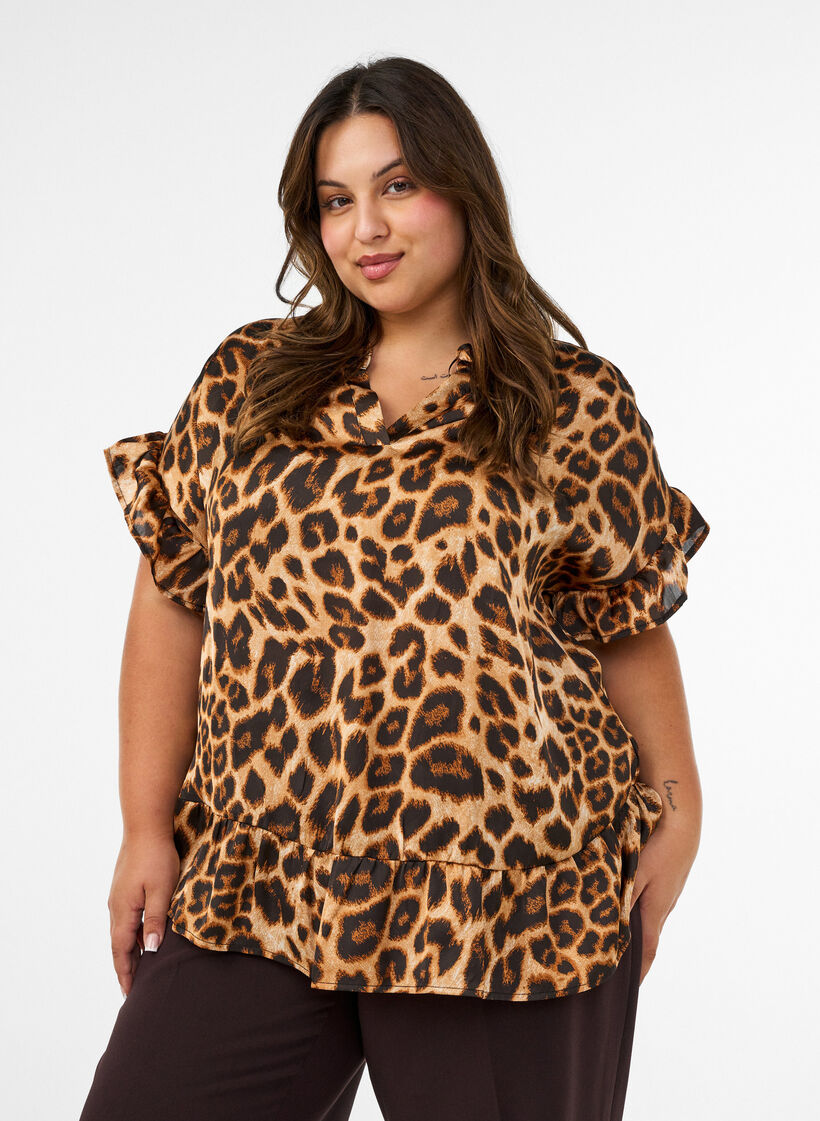 Bluse med leopardtrykk og volangdetaljer, Brun, Model image number 0