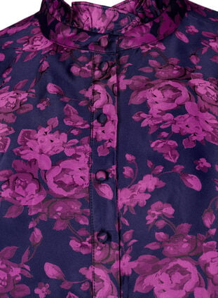 Blomstret jacquardbluse med volanger, Dark Blue Pink, Packshot image number 2