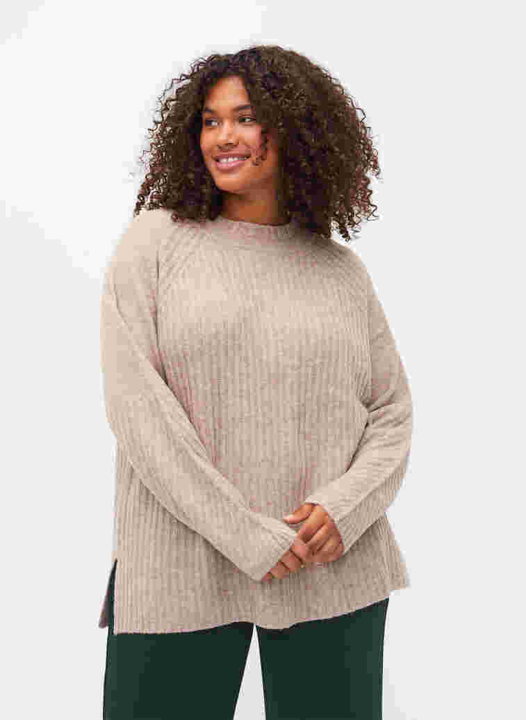 Høyhalset strikkegenser med ribbedetaljer, Simply Taupe Mel., Model