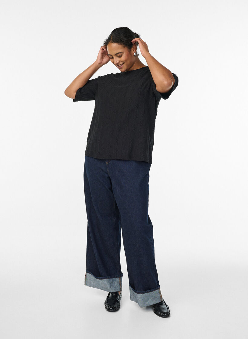 Bluse med strukturmønster og korte ermer, Svart, Model image number 1