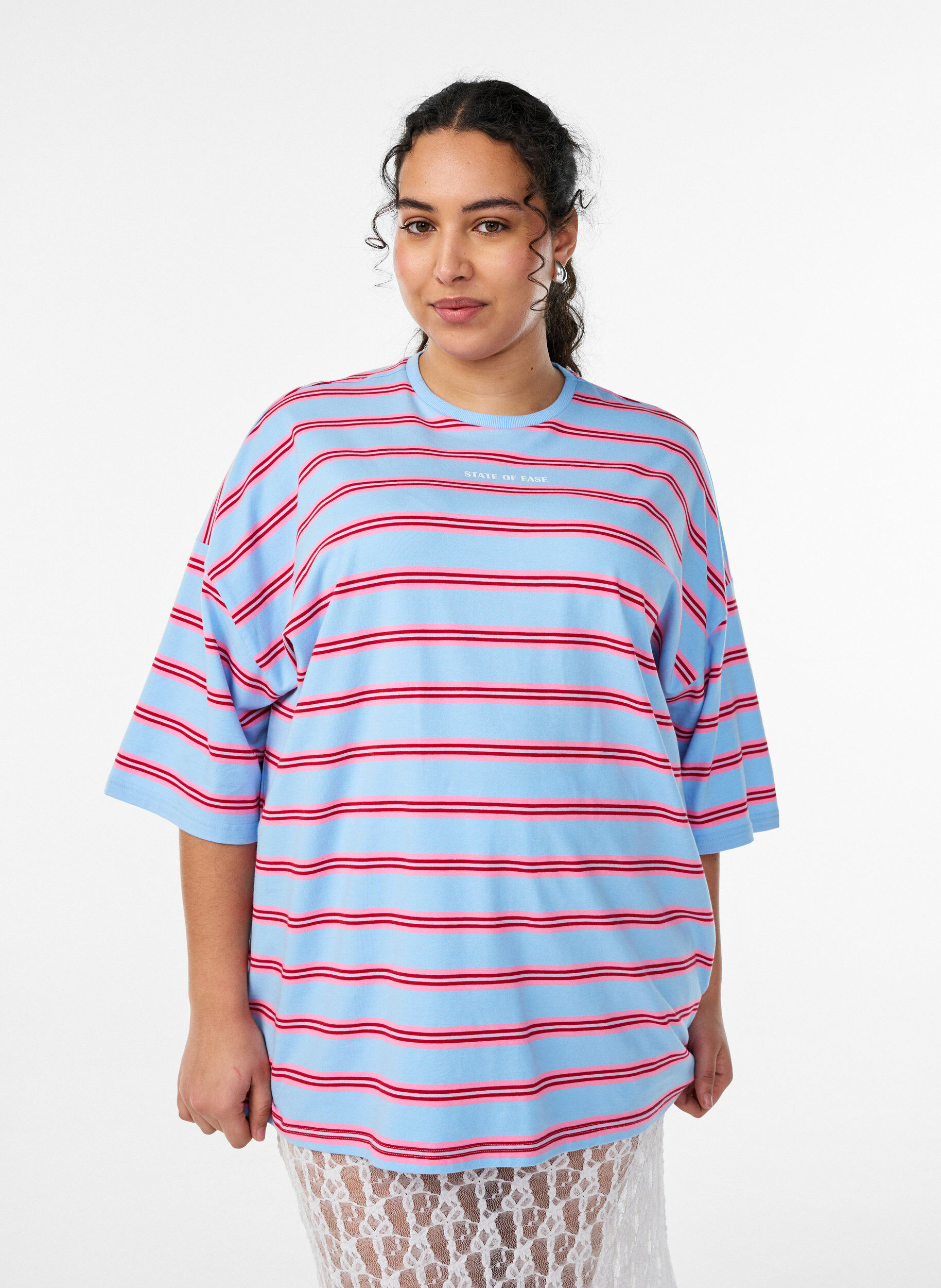 Oversized T-skjorte med striper og 1/2 ermer, Bl&aring;, Model
