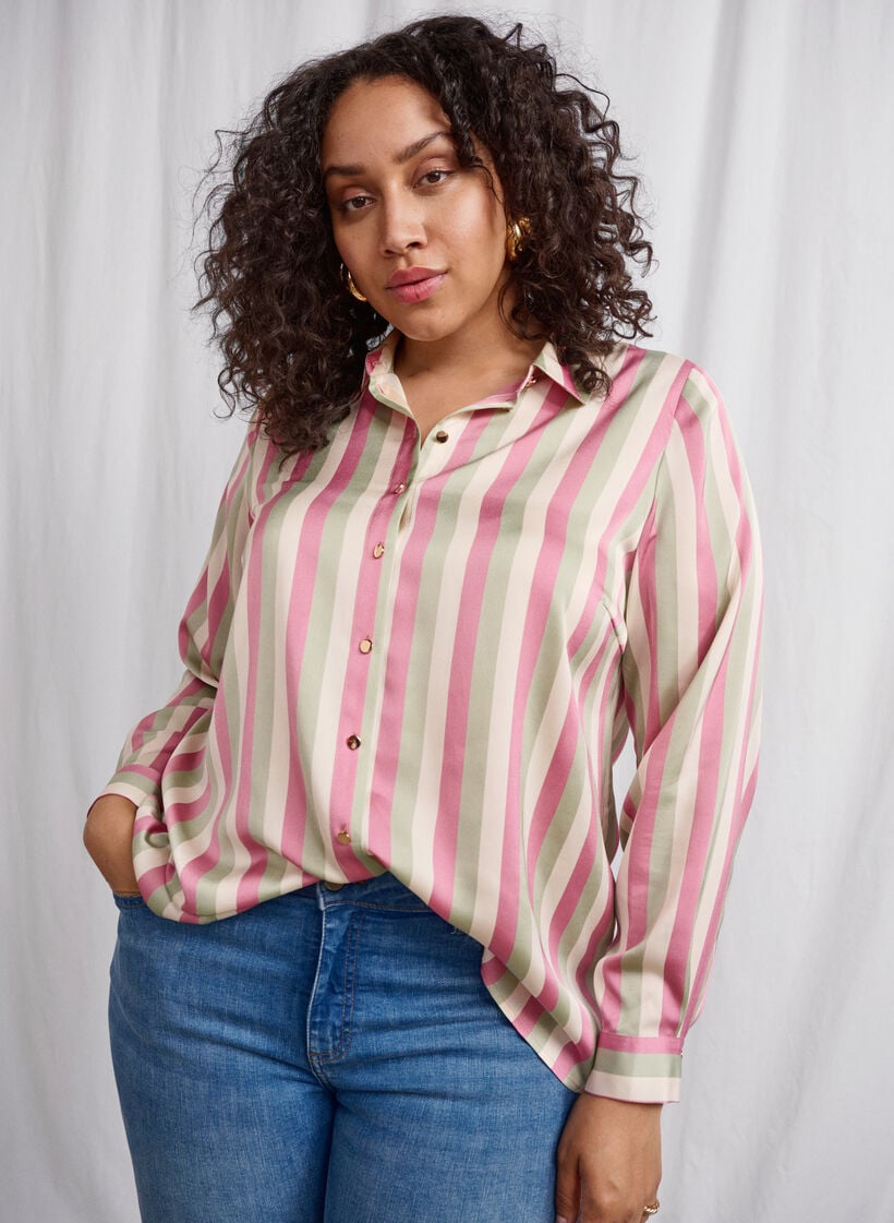 Stripete satengskjorte med krage, Rose Stripe, Image image number 0