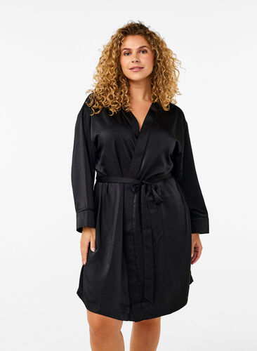 Zizzi Kimono i sateng med belte, Black, Model image number 0