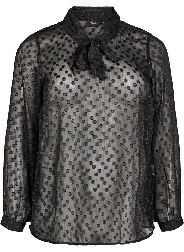 Chiffonbluse med prikket tekstur, Black, Packshot image number 0