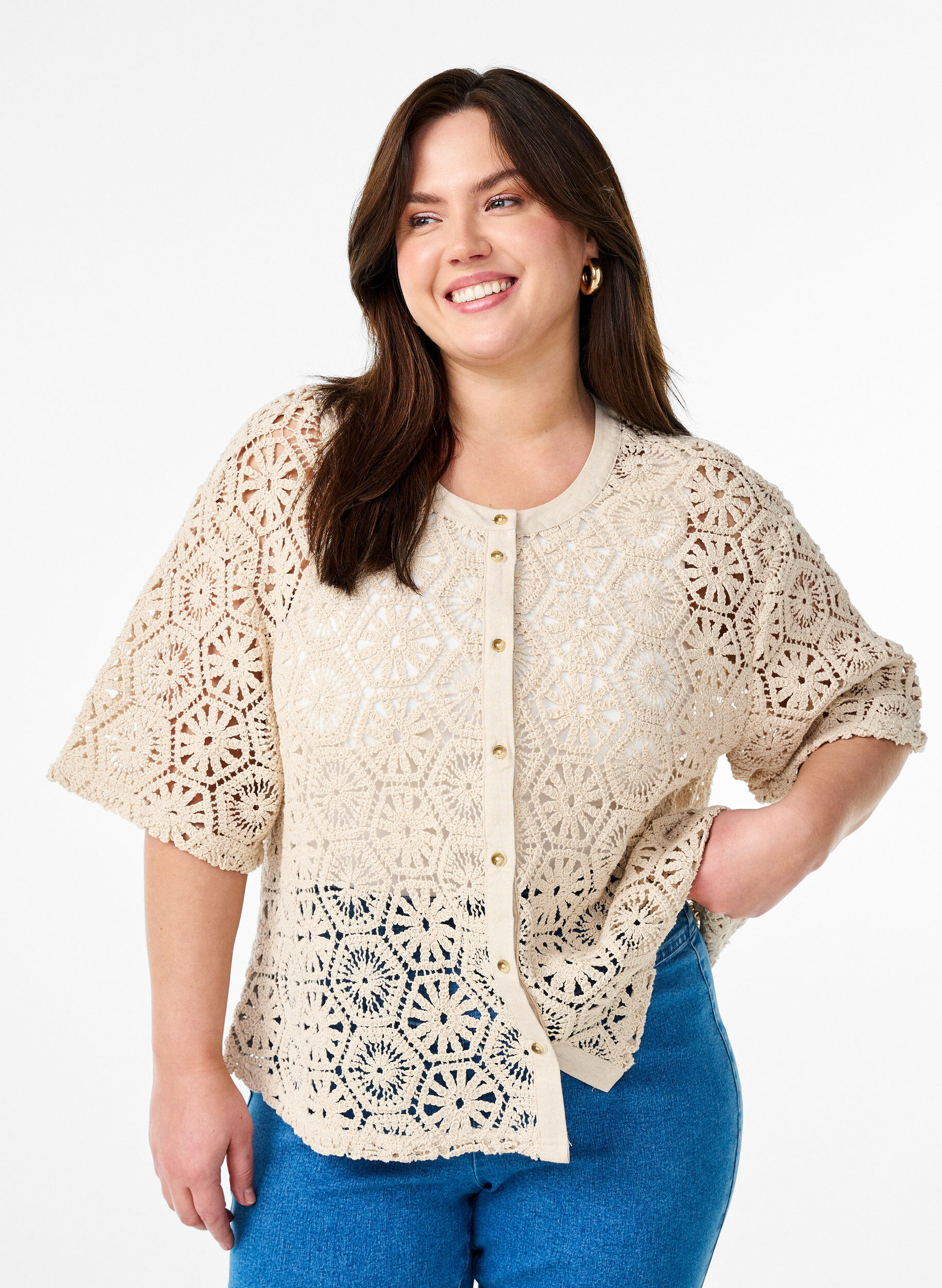Heklet cardigan med korte ermer, Beige, Model
