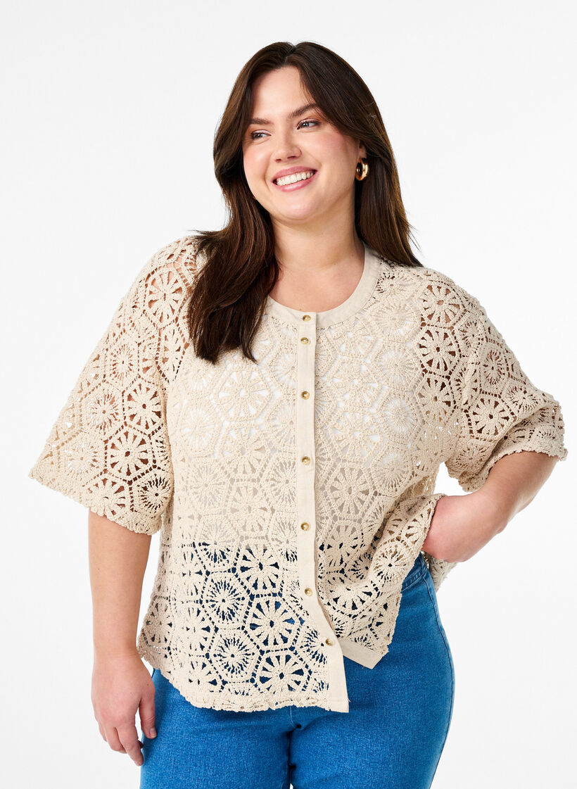 Heklet cardigan med korte ermer, Beige, Model image number 0