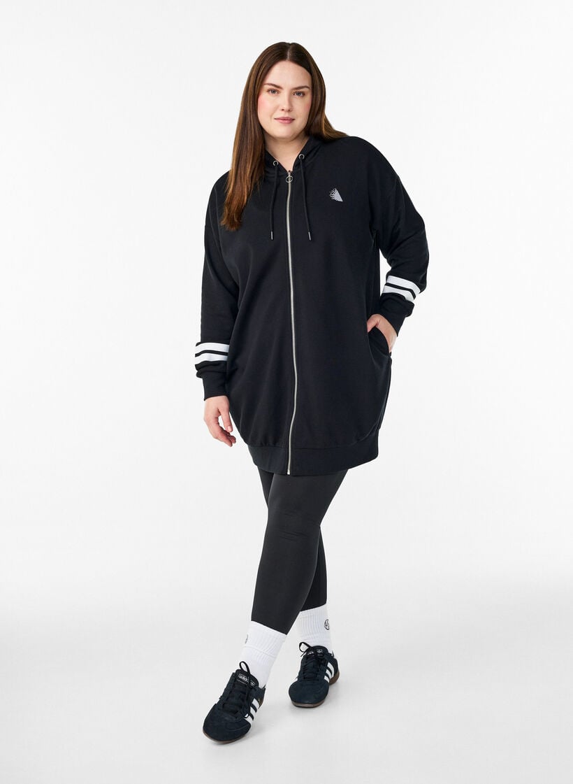 Lang cardigan med trykte detaljer, Svart, Model image number 1