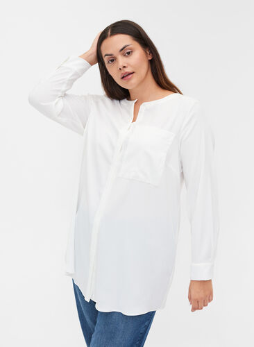 Lang ensfarget skjorte med brystlomme, Warm Off-white, Model image number 0