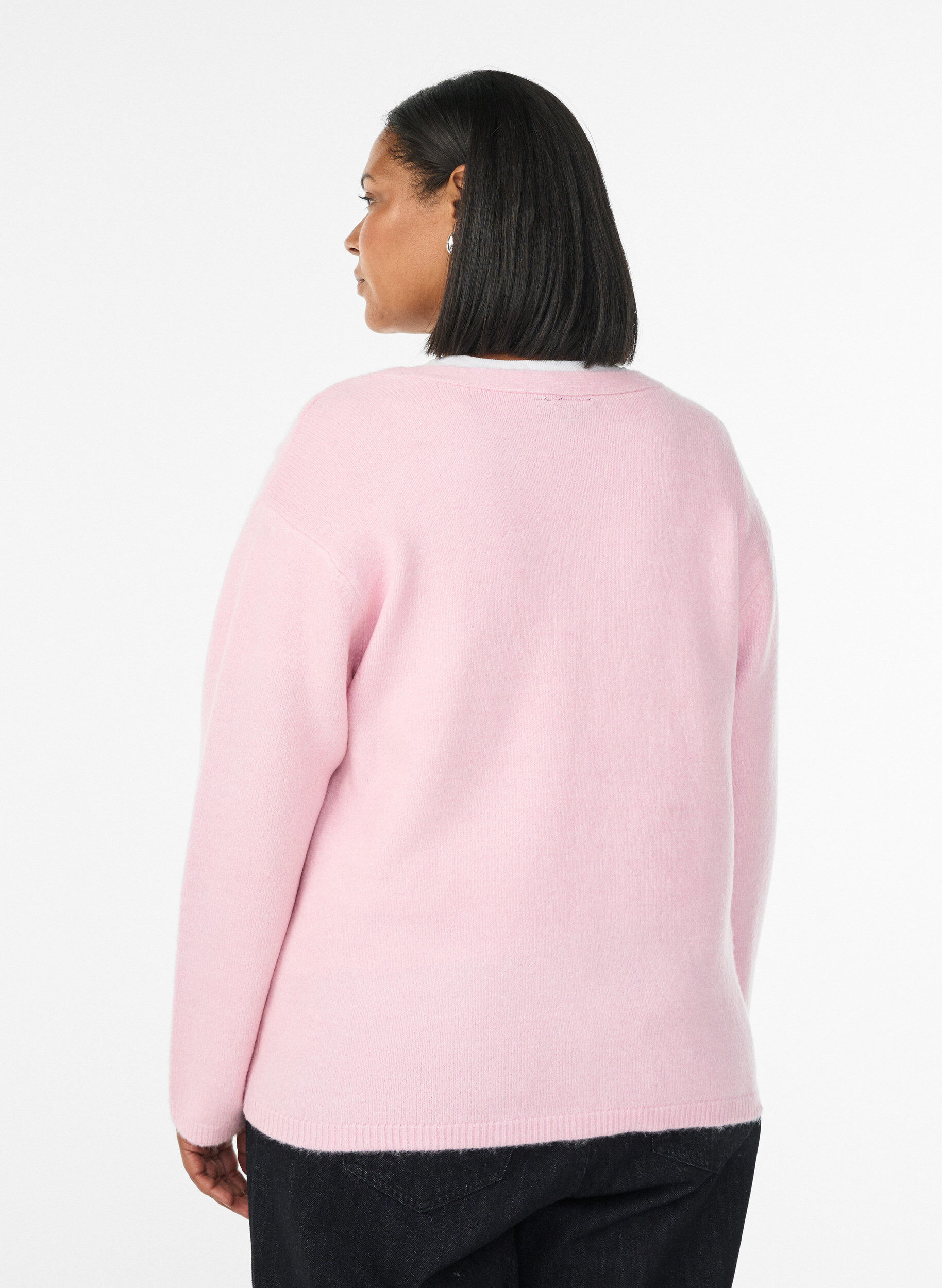 Zizzi Cardigan med V-hals og broderte blomster, Rosa, Model image number 2