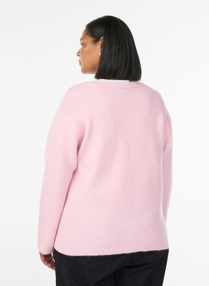 Cardigan med V-hals og broderte blomster, Rosa, Model image number 2