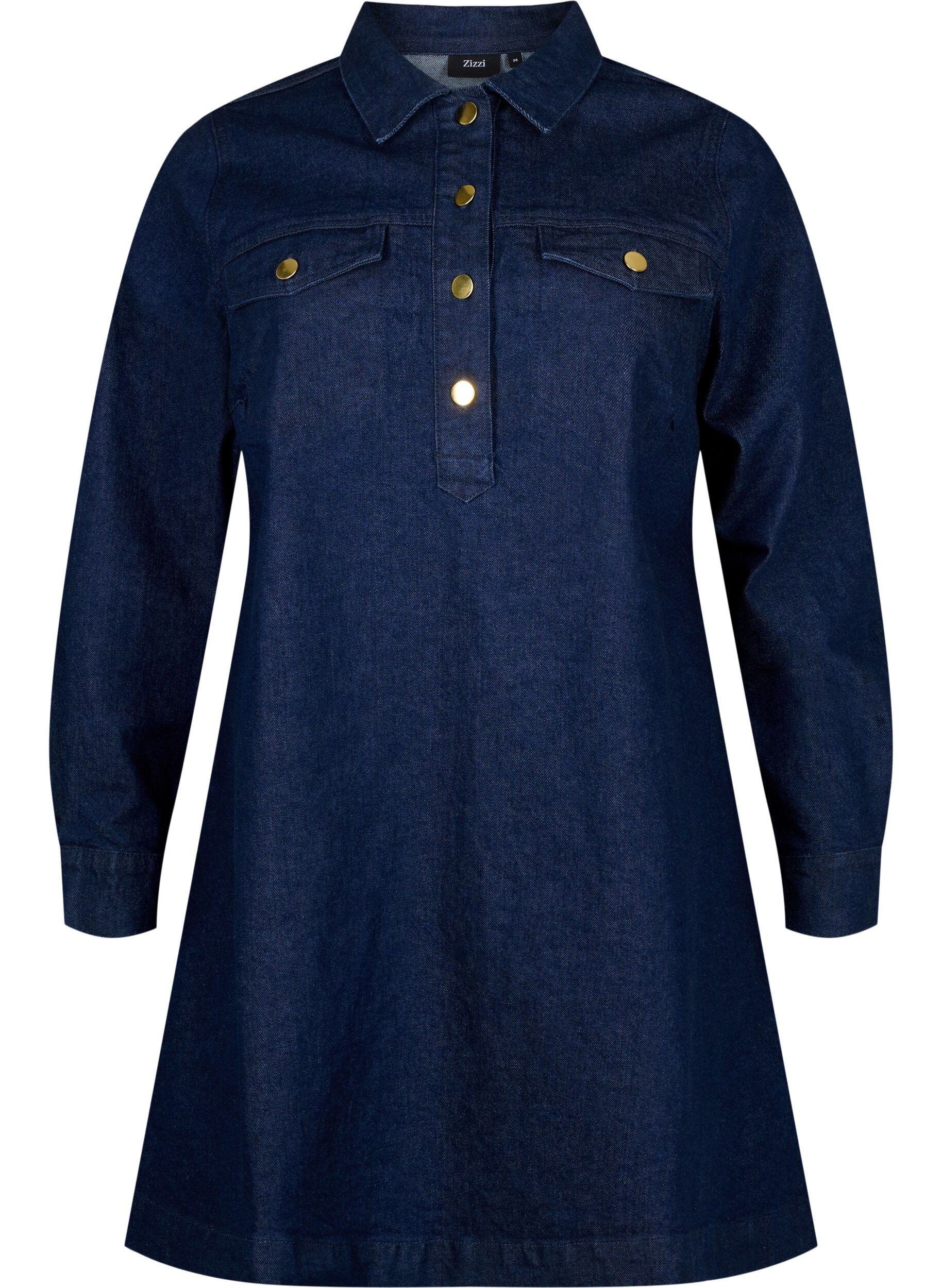 Zizzi Denimkjole med A-form og knapper, Dark Blue Denim, Packshot image number 0