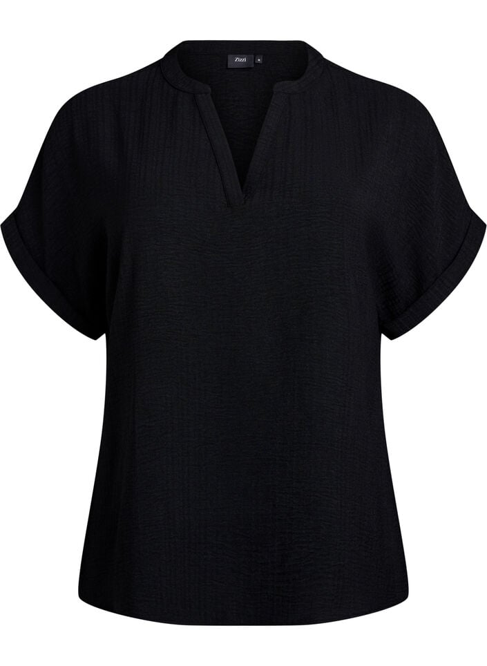 Løs bluse med korte ermer, Svart, Packshot image number 0